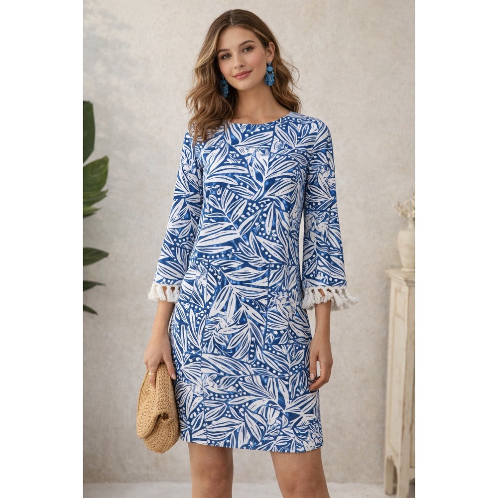 WB11 J.McLaughlin Brenda Dress Catalina Blue White Willow Bluff Tassel Size M